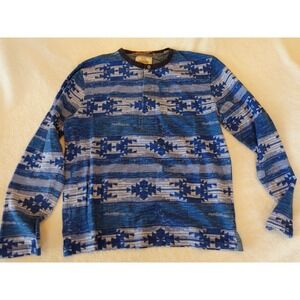Jared My Favourite Henley Shirt Men's L Blue Aztec Print Long Sleeve Vtg Slit